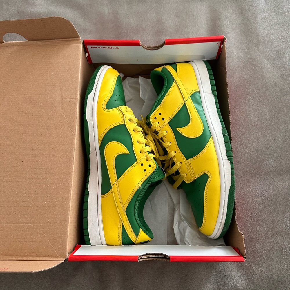 Nike Apple Green and Yellow Dunk Low, reverse Brazil dunks